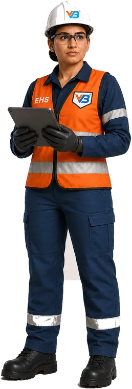 Chetna, the VB EHS engineer character, in an orange hi-vis vest and white VB hard hat holding a tablet