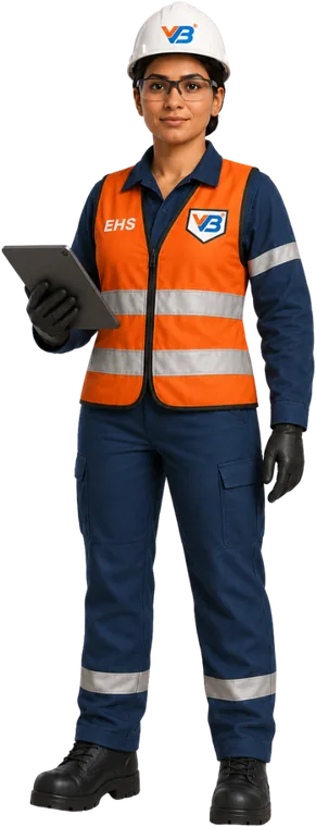 Chetna, the VB EHS engineer character, in an orange hi-vis vest and white VB hard hat holding a tablet