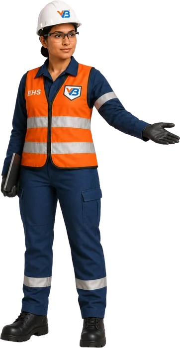 Chetna, the VB EHS engineer character, standing beside the enquiry form