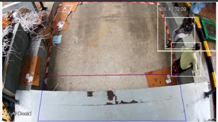 Overhead detection frame from a second dock showing two people bounded inside the restricted loading area