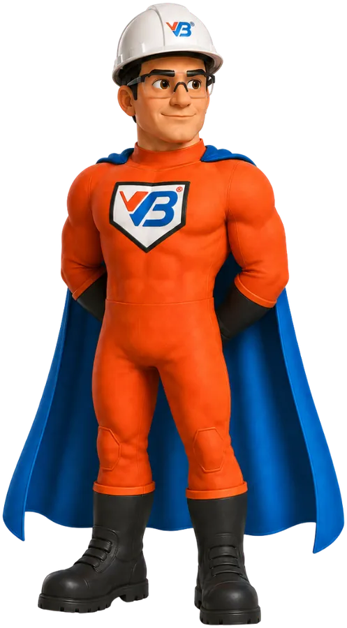 VB Rakshak, the VB Group safety character, in an orange suit and blue cape with a white VB hard hat
