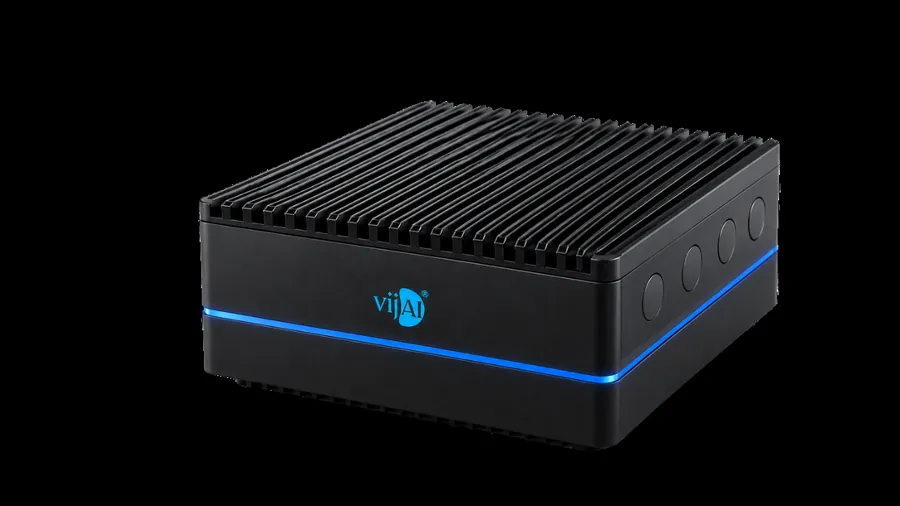 VijAI edge compute device, a finned black unit with a blue light bar and the VijAI wordmark